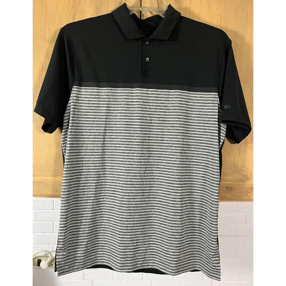 Nike Golf Polo Mens Medium Black Grey Striped Tiger Woods Dri-FIT Short Sleeve